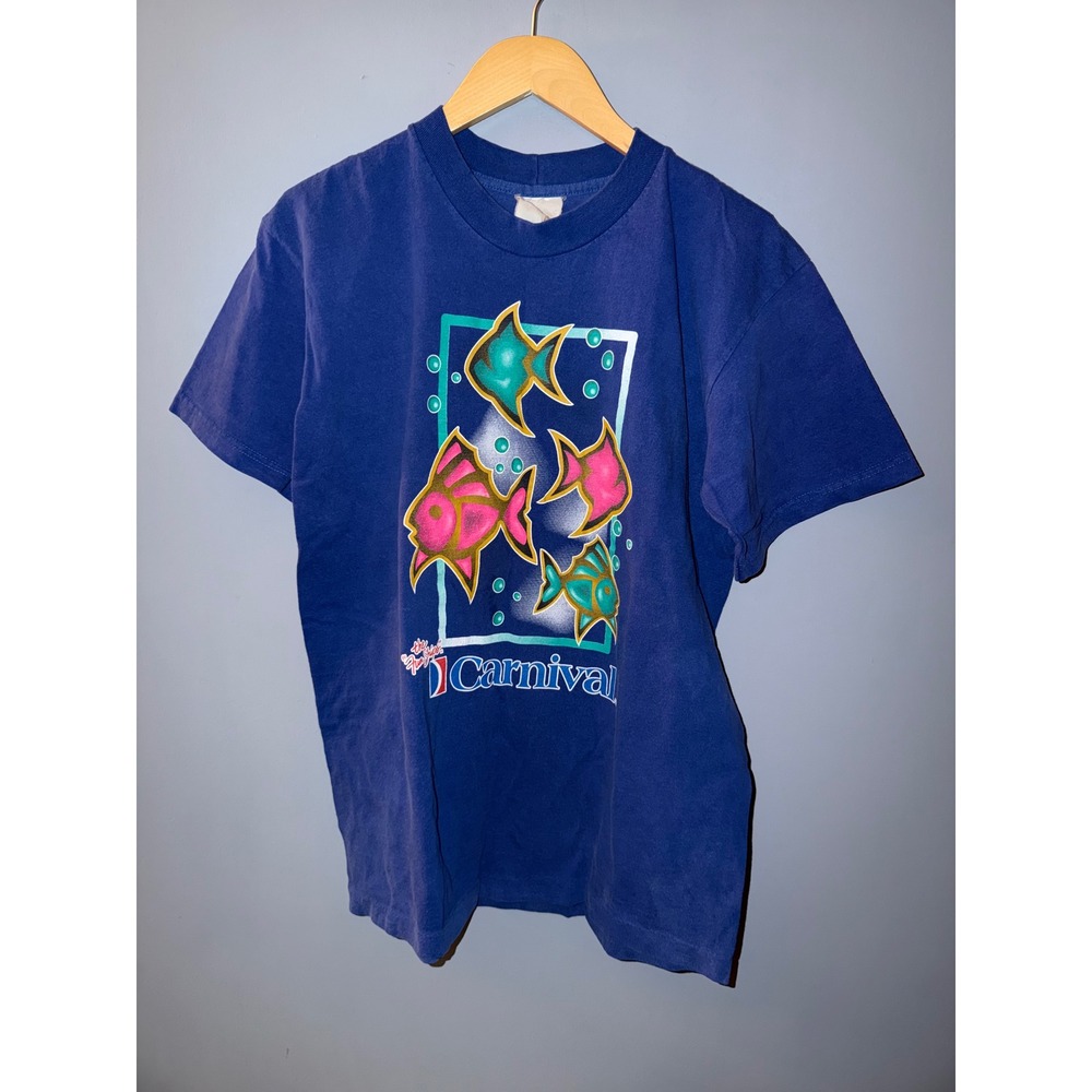 Vintage Carnival‎ Cruise Line The Fun Ships T-Shirt Blue Neon Fish 90s Single St